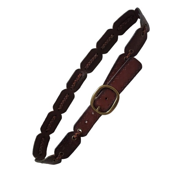 VTG Belt Braided Linked Leather Hippy Boho Hand Tooled Flowers Brass Buckle 37” - Picture 1 of 6